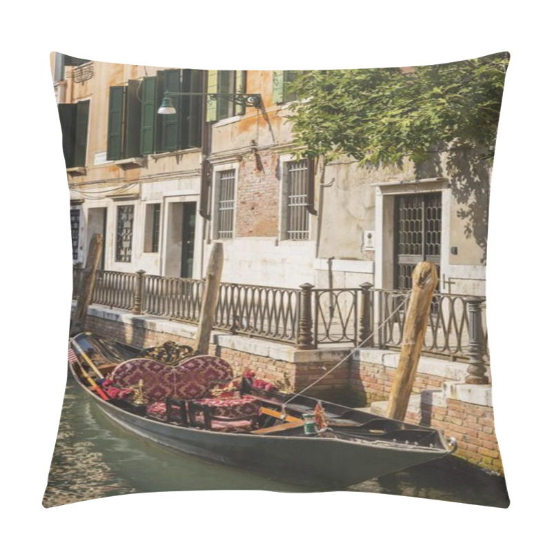 Personality  Moored Gondola With Heart-shaped Pillow On Narrow Canal Lined With Historical Architectural Residential Buildings, Fondamenta De L'Osmarin, Castello District, Venice, Veneto, Italy, Europe Pillow Covers