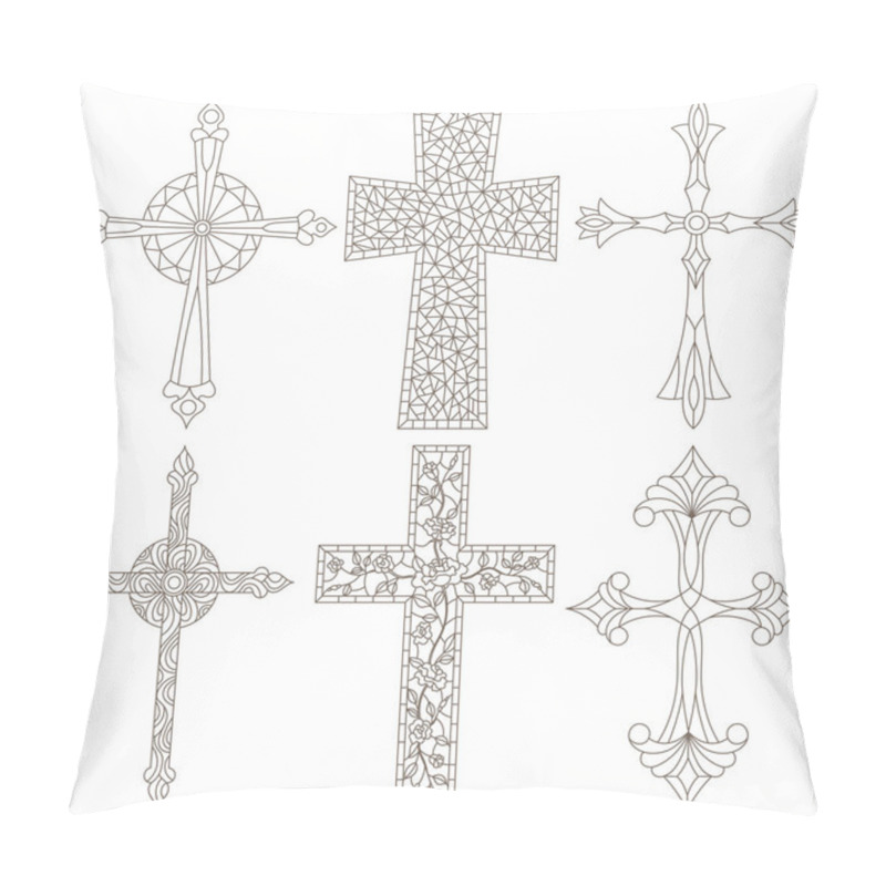 Personality  The Illustrations In The Stained Glass Style With A Contoured Christian Crosses,dark Outlines On White Background Pillow Covers