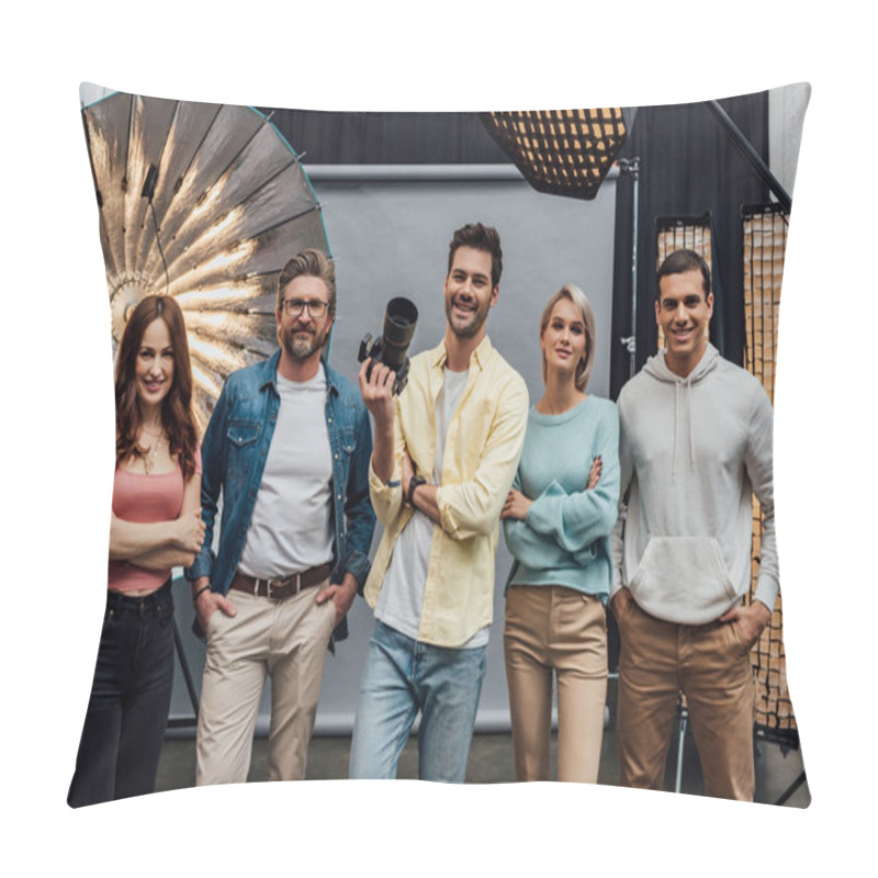 Personality  Cheerful Team Smiling While Looking At Camera In Photo Studio  Pillow Covers