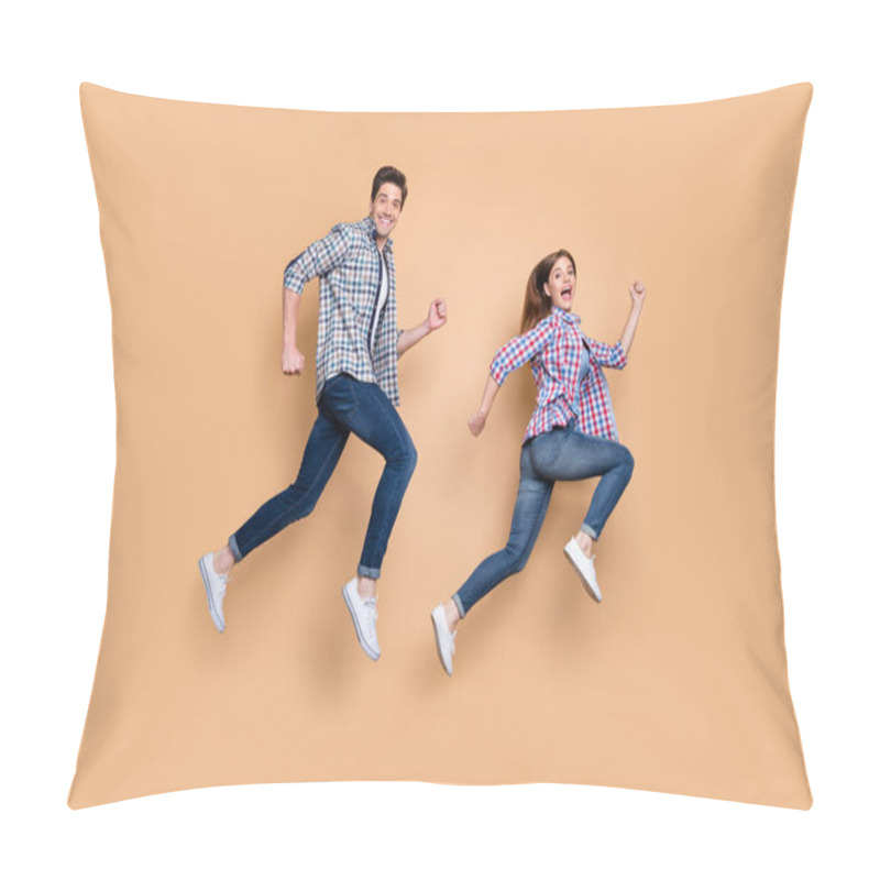 Personality  Full Length Body Size Side Profile Photo Of Gorgeous Beautiful Nice Charming Couple With Him Running After Her And Her Trying To Escape Him In Jeans Denim Checkered Shirt Isolated Beige Pastel Color Pillow Covers