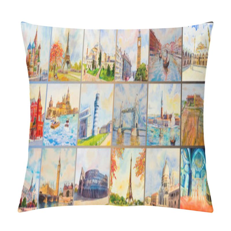 Personality  World Architectural Set Of Travel Around The World And Sights. Famous Landmark Of Europe Grouped Together. Watercolor Hand Drawn Painting Illustration On Paper With Postcard, Advertising, Tourism. Pillow Covers