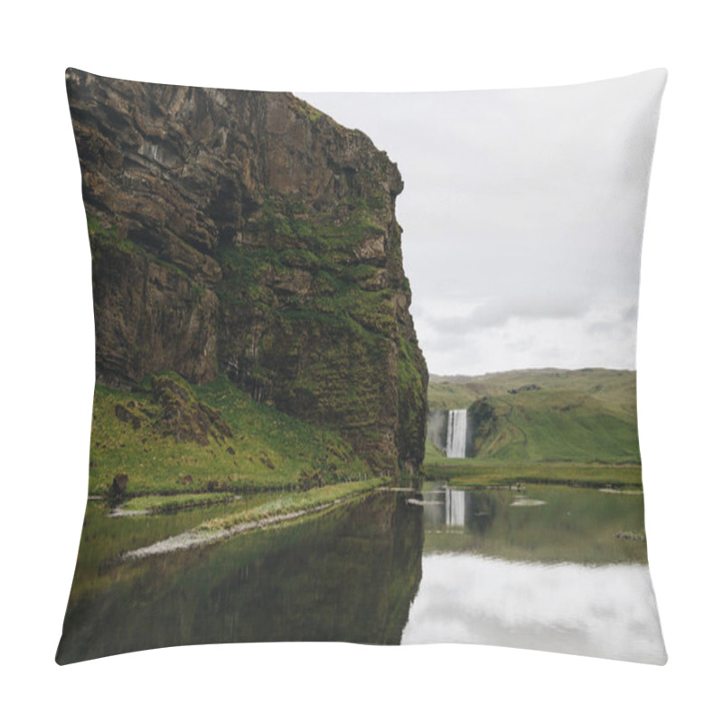 Personality  Scenic View Of Beautiful Waterfall Skogafoss In Highlands Under Cloudy Sky In Iceland  Pillow Covers