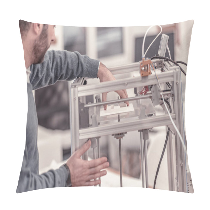 Personality  Ingenious Designer Working With 3D Printer In Design Studio Pillow Covers