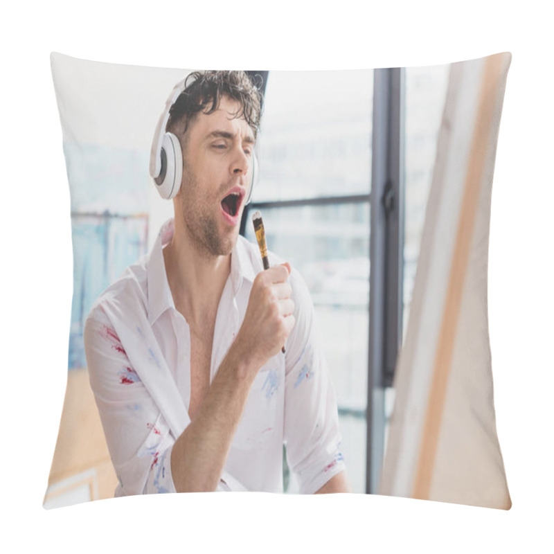 Personality  Selective Focus Of Handsome Artist In Headphones, Singing With Paintbrush Pillow Covers