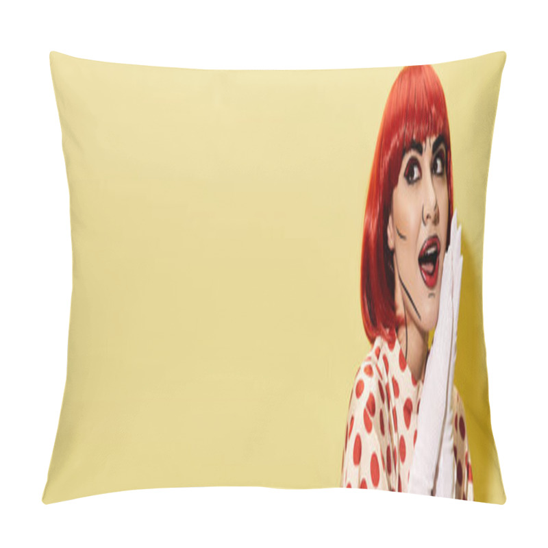 Personality  A Creative Redhead Woman In Pop Art Makeup Holds A Towel Against A Yellow Backdrop. Pillow Covers