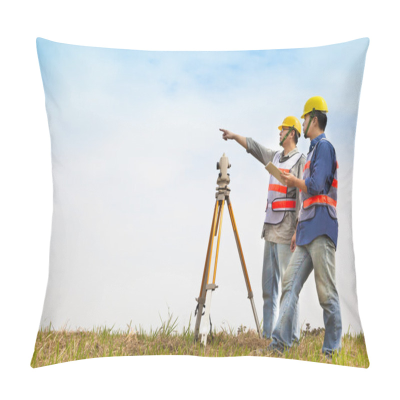 Personality  Surveyor Engineer Making Measure With Partner On The Field Pillow Covers