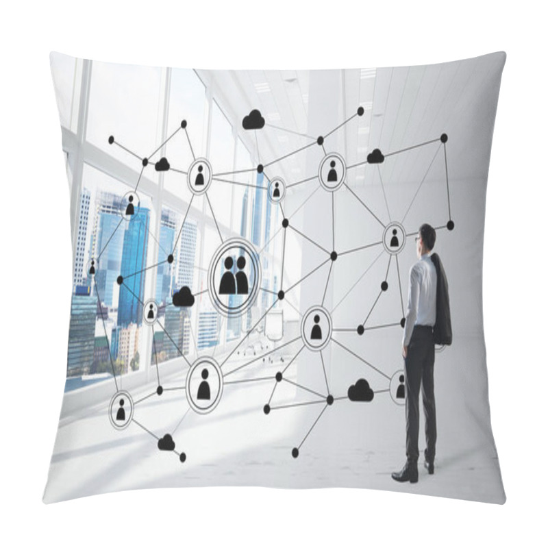 Personality  Elegant Businessman In 3D Office Interior And Social Connection Concept. Mixed Media Pillow Covers