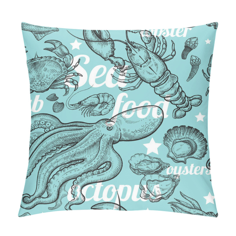 Personality  Marine Animals Shellfish And Inscriptions. Seamless Pattern Hand Drawings. Vector Illustration With Seafood For Paper, Fabric, Kitchen Design. Vintage Engraving Art. Black, White And Blue. Pillow Covers