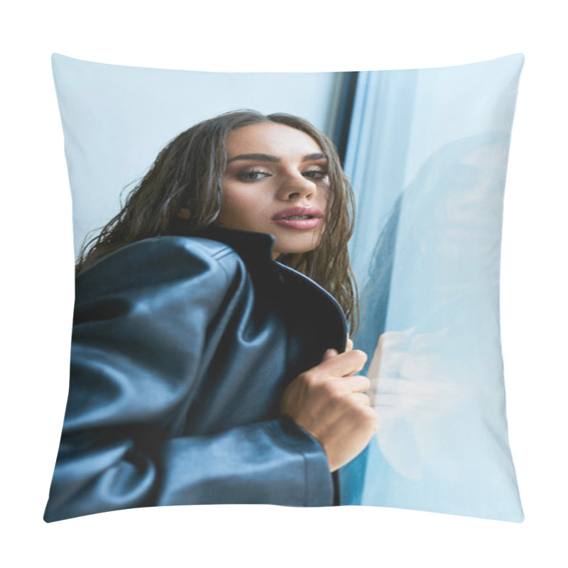 Personality  Passionate Woman With Brunette Wet Hair Posing In Black Leather Coat Near Window, Seduction Pillow Covers