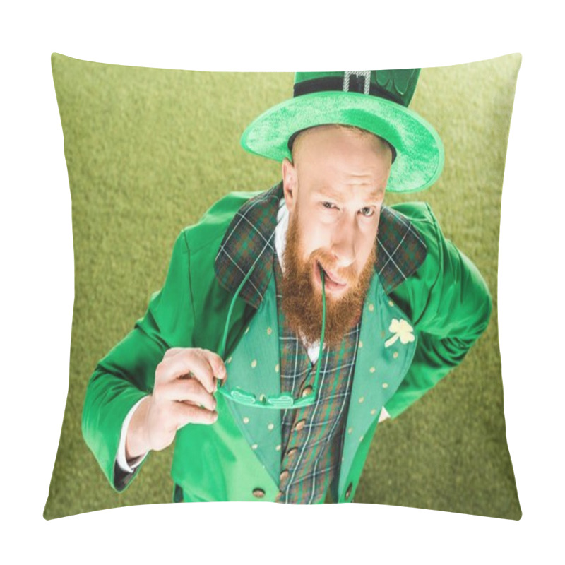 Personality  High Angle View Of Bearded Man In Green Costume Holding Clover Shaped Eyeglasses And Looking At Camera, St Patricks Day Concept Pillow Covers