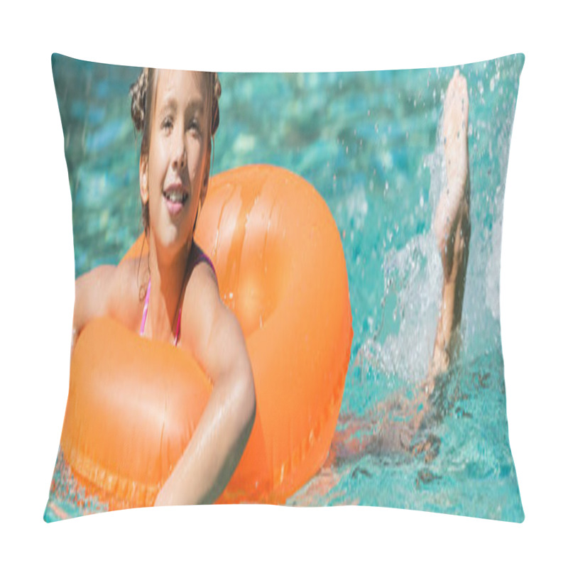 Personality  Horizontal Image Of Girl Swimming In Pool On Inflatable Ring While Making Water Splashes With Legs Pillow Covers