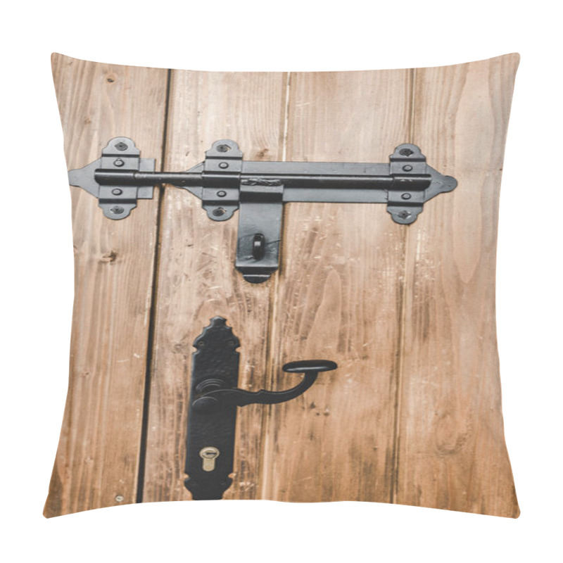 Personality  Black Ironshod Lock And Handle On Wooden Beige Textured Door Pillow Covers