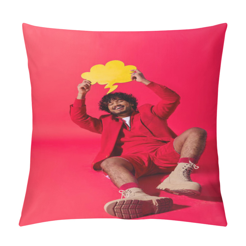 Personality  A Man In A Vibrant Outfit Sits On The Ground Holding A Speech Bubble. Pillow Covers