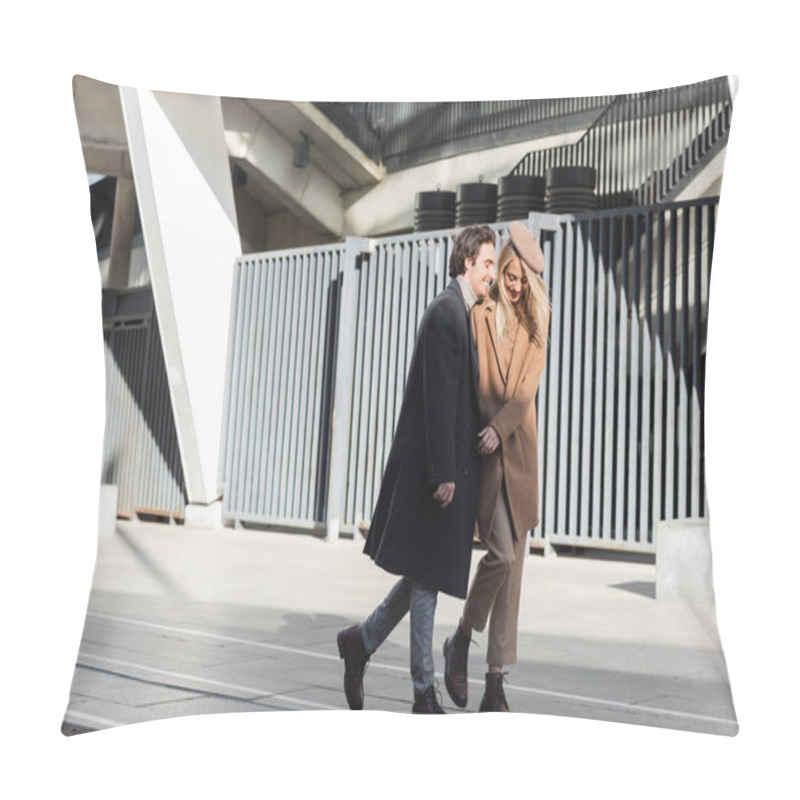 Personality  Full Length Of Stylish And Happy Couple In Coats Walking On Urban Street Pillow Covers