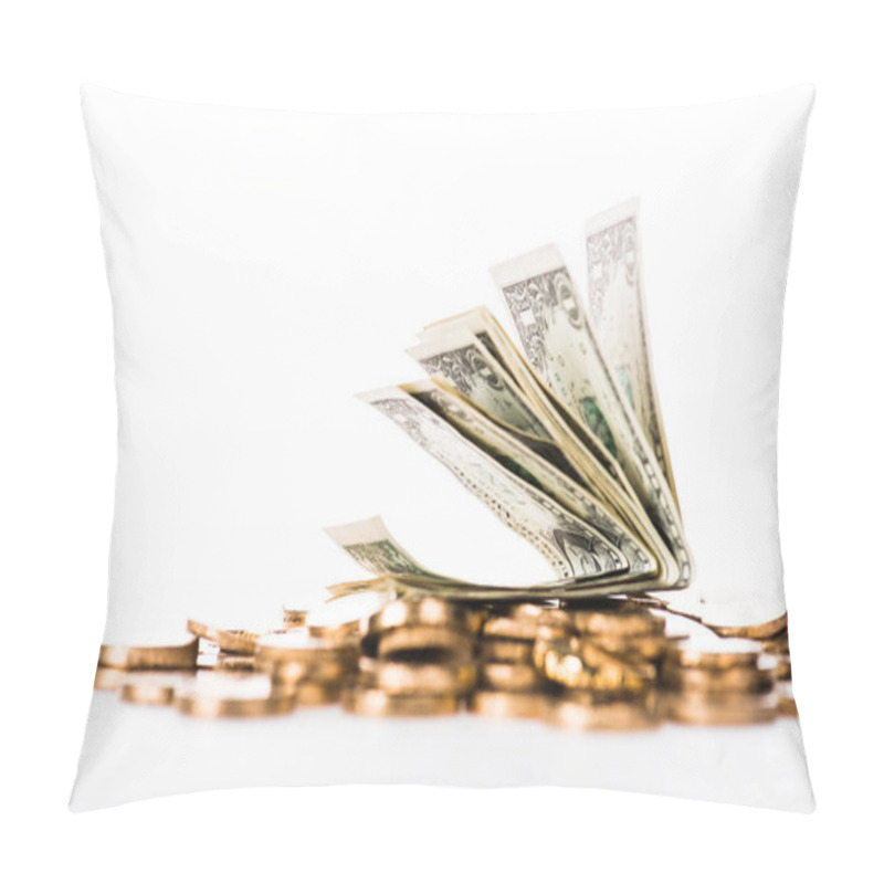 Personality  Close-up View Of Dollar Banknotes And Shiny Golden Coins Isolated On White  Pillow Covers