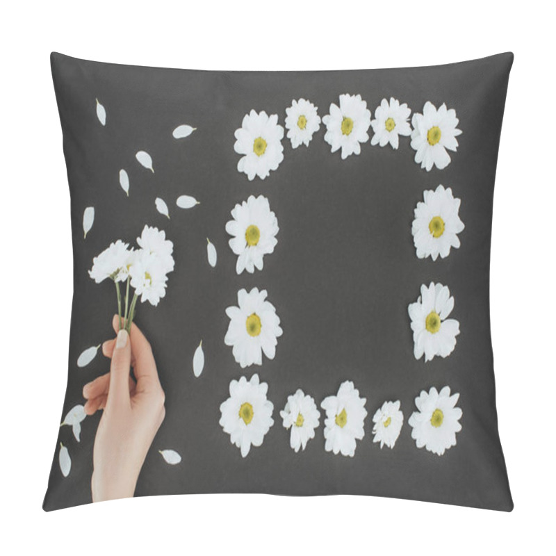 Personality  Top View Of Cropped Female Hand With Frame Of Daisies Over Black Background Pillow Covers