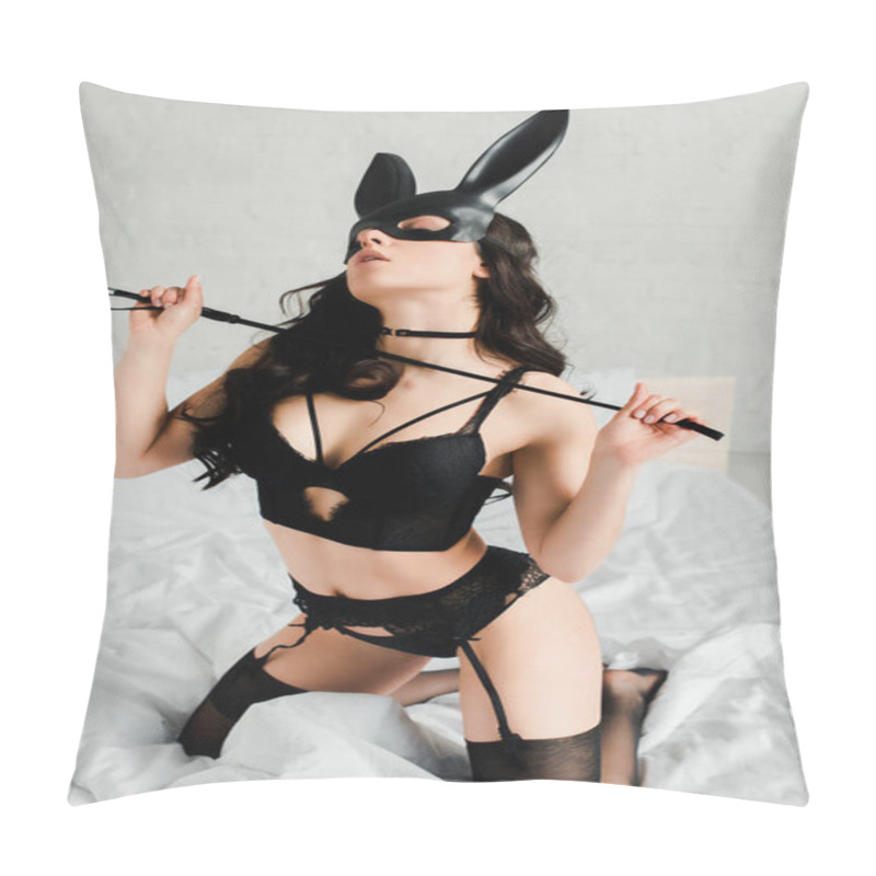 Personality  Seductive Female Dominant In Erotic Rabbit Mask Holding Spanking Paddle On Bed Pillow Covers