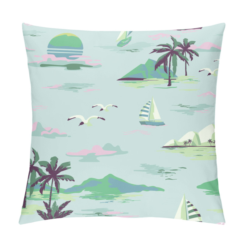 Personality  Vintage Beautiful Seamless Island Pattern On White Background. Landscape With Palm Trees, Yacht, Beach And Ocean Vector Hand Drawn Style Pillow Covers