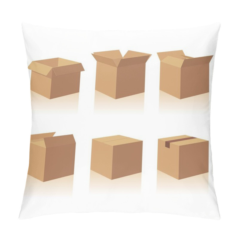 Personality  Open And Closed Recycle Brown Carton Delivery Packaging Box. Collection Vector Illustration Isolated Box With Shadow On White Background For Web, Icon, Banner, Infographic. Pillow Covers