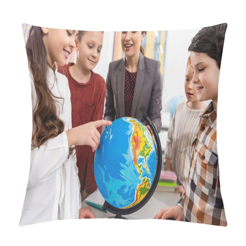 Personality  Teacher And Pupils Looking At Globe While Studying Geography In Classroom Pillow Covers