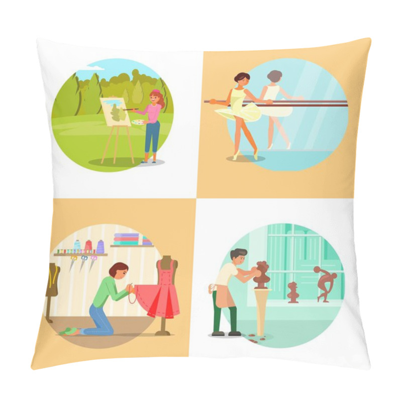 Personality  People Enjoying Their Hobbies Vector Flat Illustration Pillow Covers