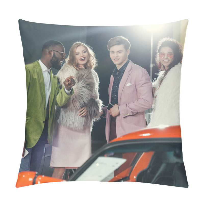 Personality  Stylish Multiethnic Young People Looking At Modern Red Car Pillow Covers