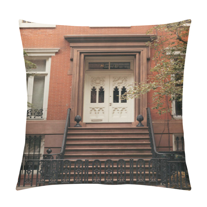 Personality  Brick Building With White Door And Stairs With Metal Railings And Fence In New York City Pillow Covers