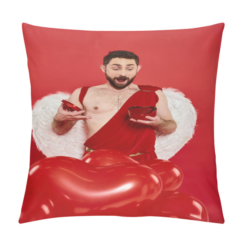 Personality  Amazed Man In Cupid Costume Opening St Valentines Day Present Near Heart-shaped Balloons On Red Pillow Covers