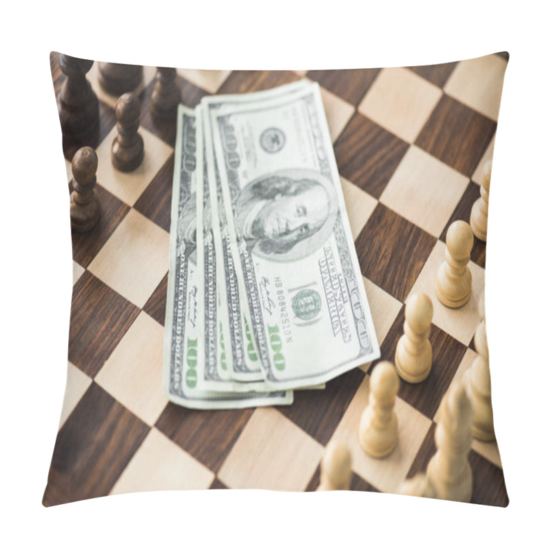 Personality  Close Up View Of Dollar Banknotes On Chess Board With Set Figures  Pillow Covers