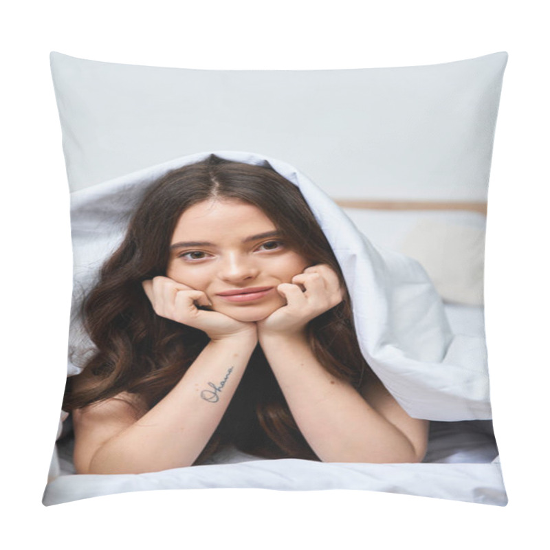 Personality  A Young Woman Is Enjoying A Cozy Morning, Resting Comfortably Under A Soft Blanket While Smiling. Pillow Covers