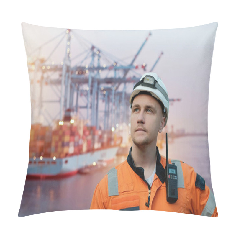 Personality  Wind Farm Offshore Maintenance Technician. Seafarer. Seaman. Navigator. A Man In A Working Overall Boiler Suit With A Radio And Safety Helmet With A Blurred Container Vessel In The Background Pillow Covers