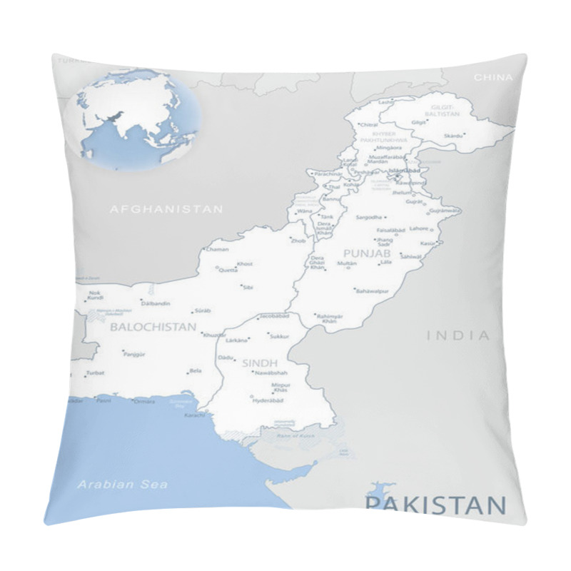 Personality  Blue-gray Detailed Map Of Pakistan Administrative Divisions And Location On The Globe. Vector Illustration Pillow Covers