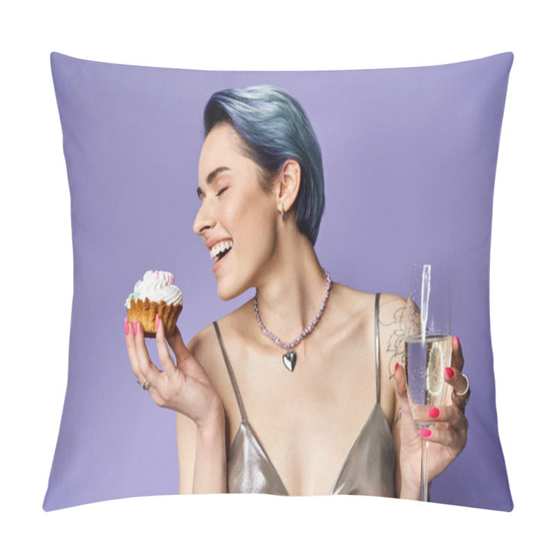 Personality  A stylish young woman with short blue hair holding a delicious cupcake and champagne glass pillow covers