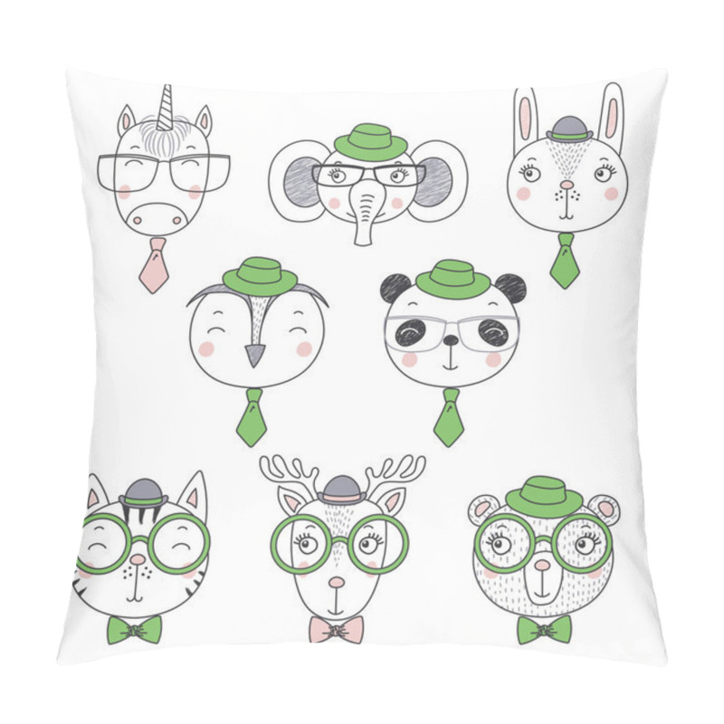 Personality  Set Of Hand Drawn Cute Funny Animal Portraits In Ties And Hats  Pillow Covers