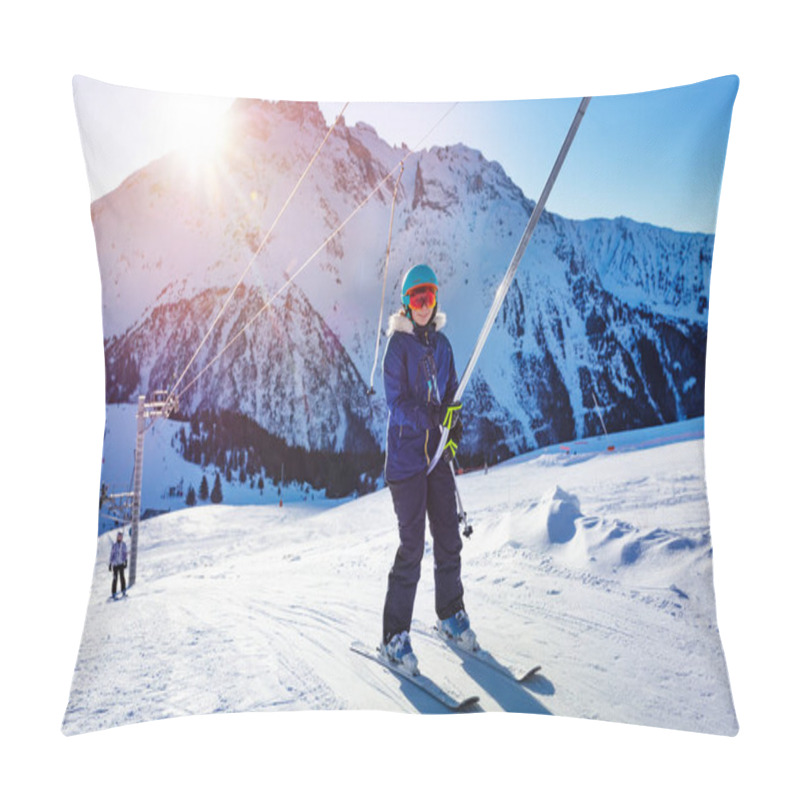 Personality  Happy Teenage Girl Lifting On The Ski Drag Lift Rope In Bright Sport Outfit And Smiling With Last Sunset Light Pillow Covers