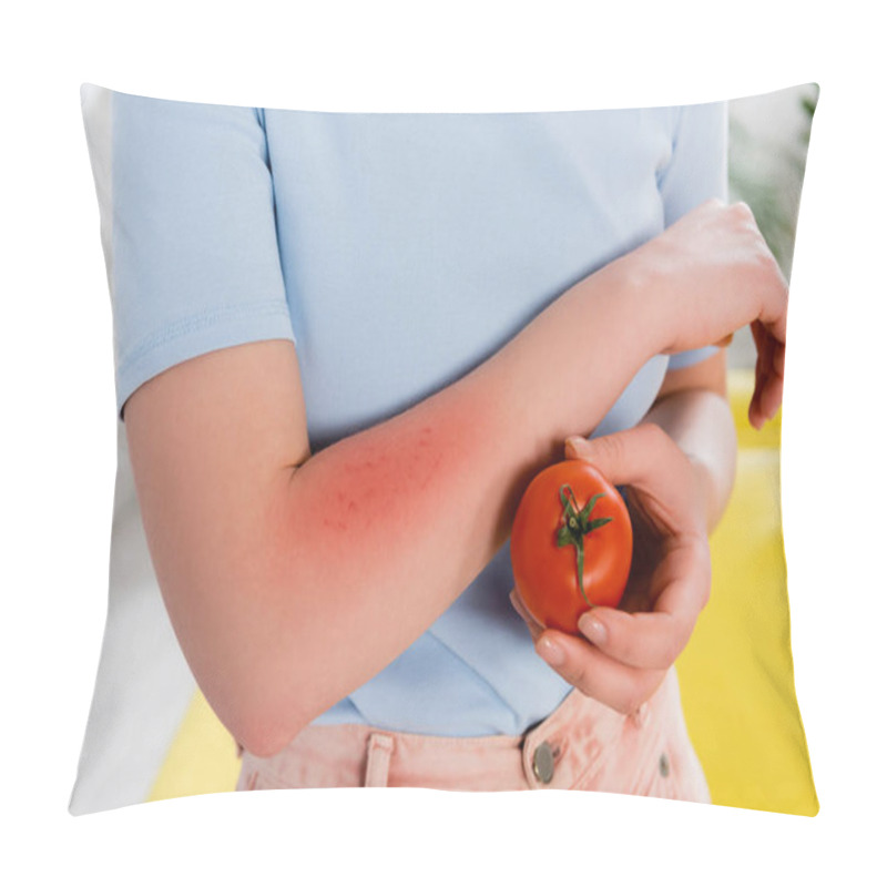 Personality  Cropped View Of Woman With Allergy Holding Tomato  Pillow Covers