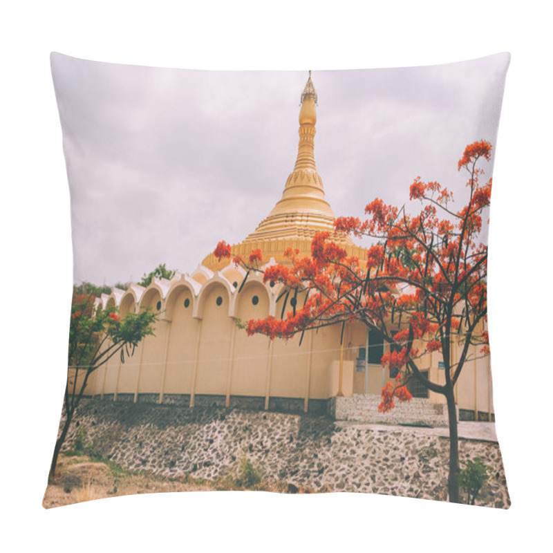 Personality  Architecture Of Beautiful Ancient Indian Temple And Blooming Trees Pillow Covers