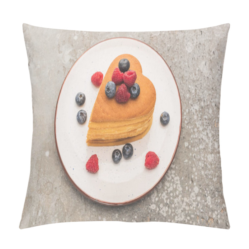 Personality  Heart Shaped Pancakes With Berries On Plate On Grey Concrete Surface Pillow Covers