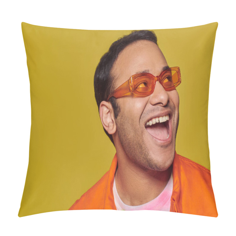 Personality  Positive Indian Man In Orange Sunglasses Looking Away And Smiling On Yellow Background, Side Glance Pillow Covers