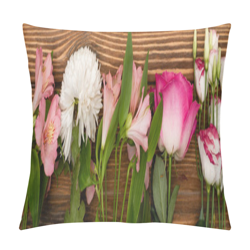 Personality  Top View Of Variety Of Pink And White Flowers On Wooden Surface, Banner Pillow Covers