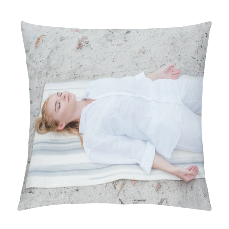 Personality  Overhead View Of Attractive Blonde Woman With Closed Eyes Meditating While Lying On Yoga Mat Pillow Covers