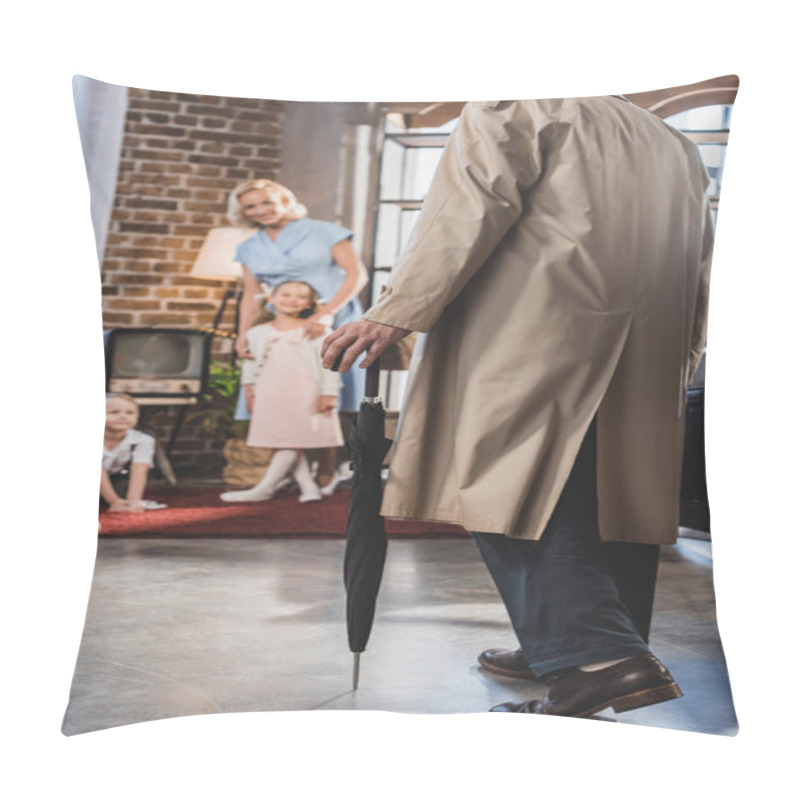 Personality  Cropped Shot Of Father Coming Home And Looking At Happy Family, 1950s Style  Pillow Covers