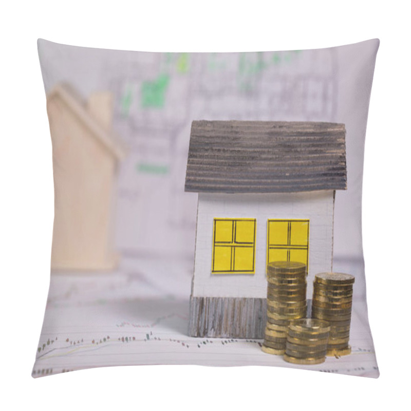 Personality  Small Paper House On A Technical Drawing. Closeup Pillow Covers