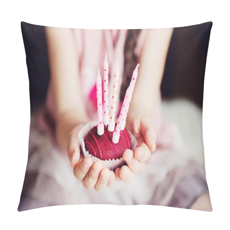 Personality  Child Girl Holding A Cupcake With Five Candles Pillow Covers