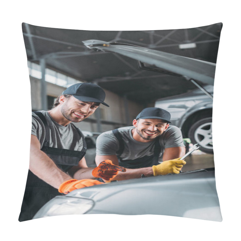 Personality  Professional Smiling Auto Mechanics Repairing Car In Workshop Pillow Covers