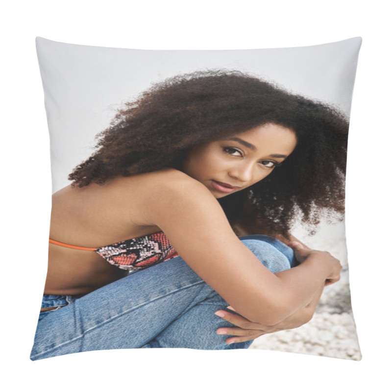 Personality  A Beautiful Young Woman In Chic Attire Showcases Her Confidence Near The Waters Edge. Pillow Covers