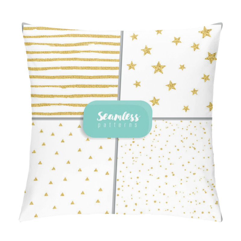 Personality  Set Of Vector Seamless Patterns With Circles, Stripes, Stars, Triangles, Made Of Gold Glitter. Pillow Covers