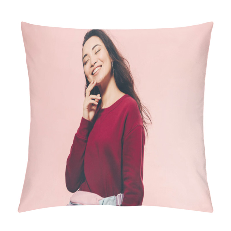 Personality  Attractive Asian Woman With Closed Eyes In Red Sweater Smiling Isolated On Pink  Pillow Covers