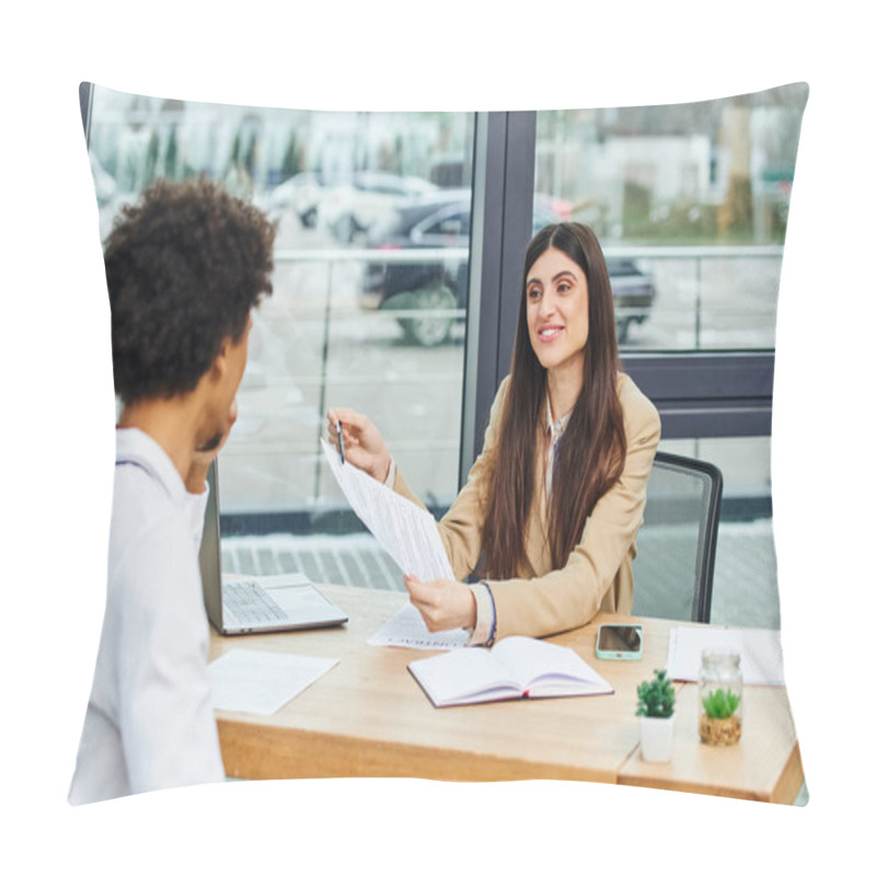 Personality  Man And Woman Engage In Conversation At Office Desk During Job Interview. Pillow Covers