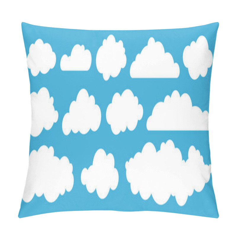 Personality  Cartoon Cloud Set. Fluffy White Cumulus Clouds Collection Isolated On Blue Sky Background. Flat Simple Vector Illustration Of Cloudscape Elements For Banner Design, Flyers, Cover, Websites. Cloudy Day Pillow Covers